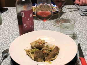 Testaroli Grani Antichi con lardo e verza - vino rosato ligure Ormeasco di Pornessio, Cascina Nirasca