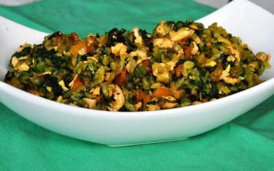 Risino di shirataki con verdure, curcuma e salmone scottato